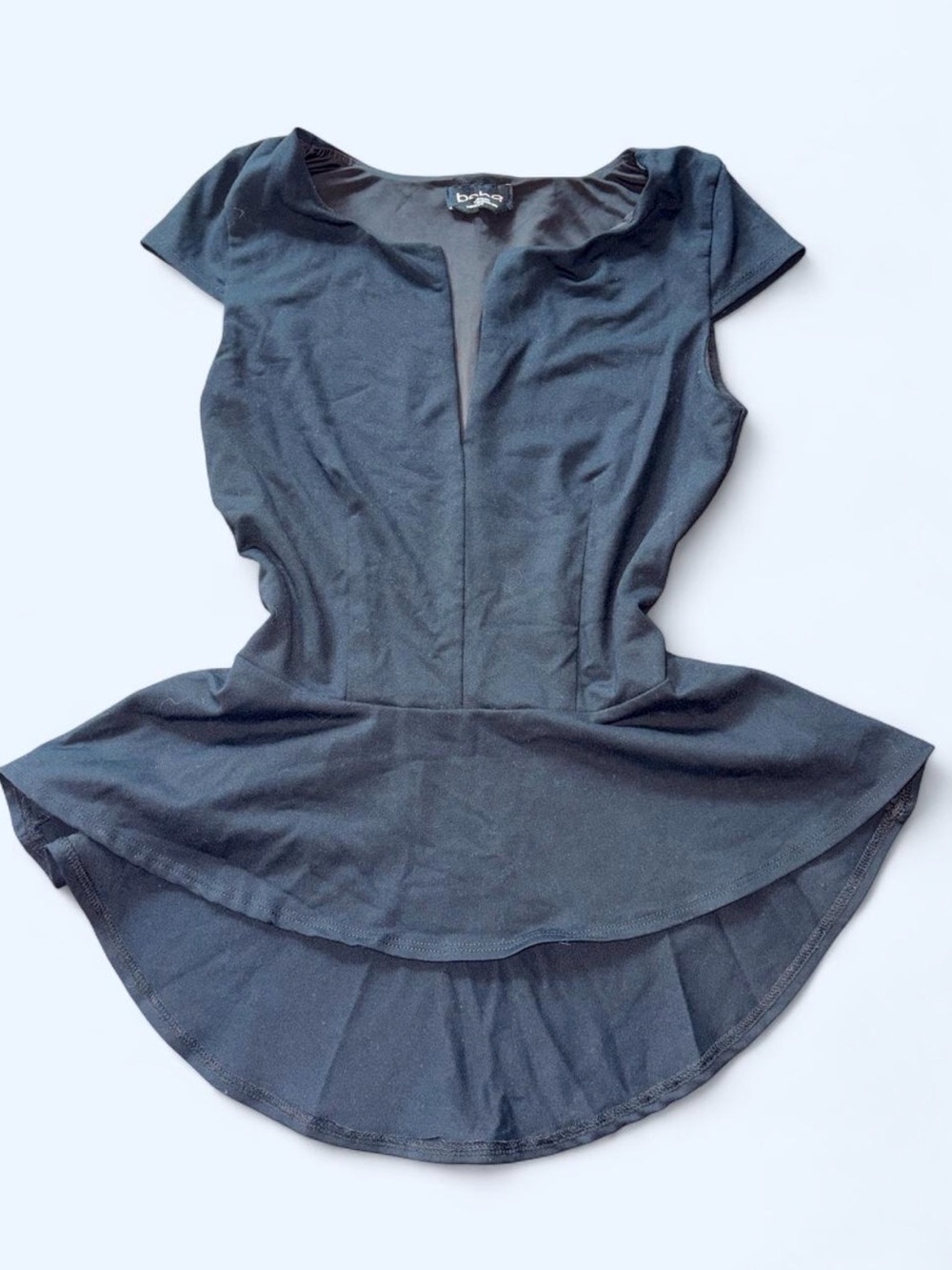 bebe Black Peplum Top with Cap Sleeves
